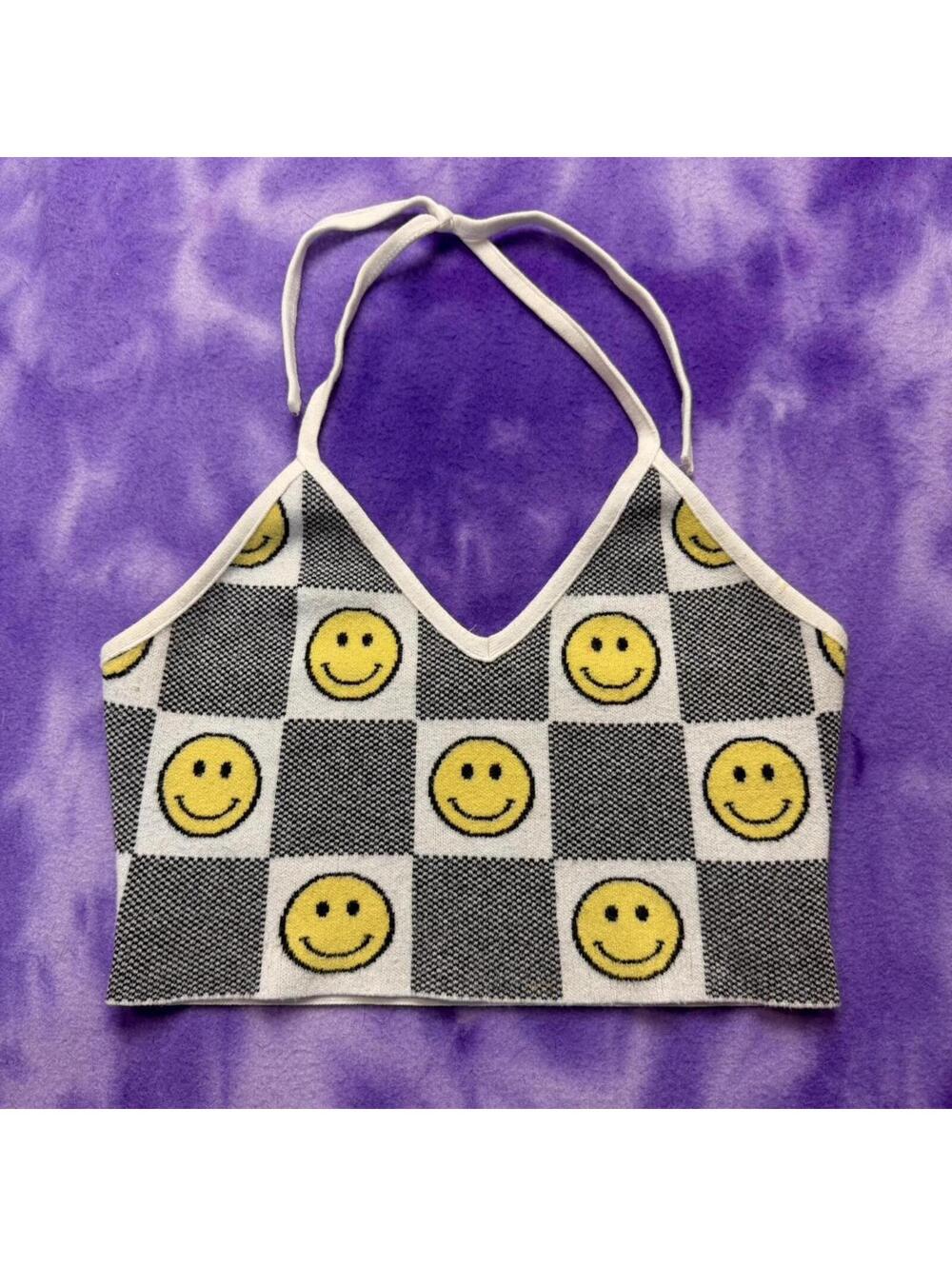 Knitted smiley face checkerboard halter neck crop top